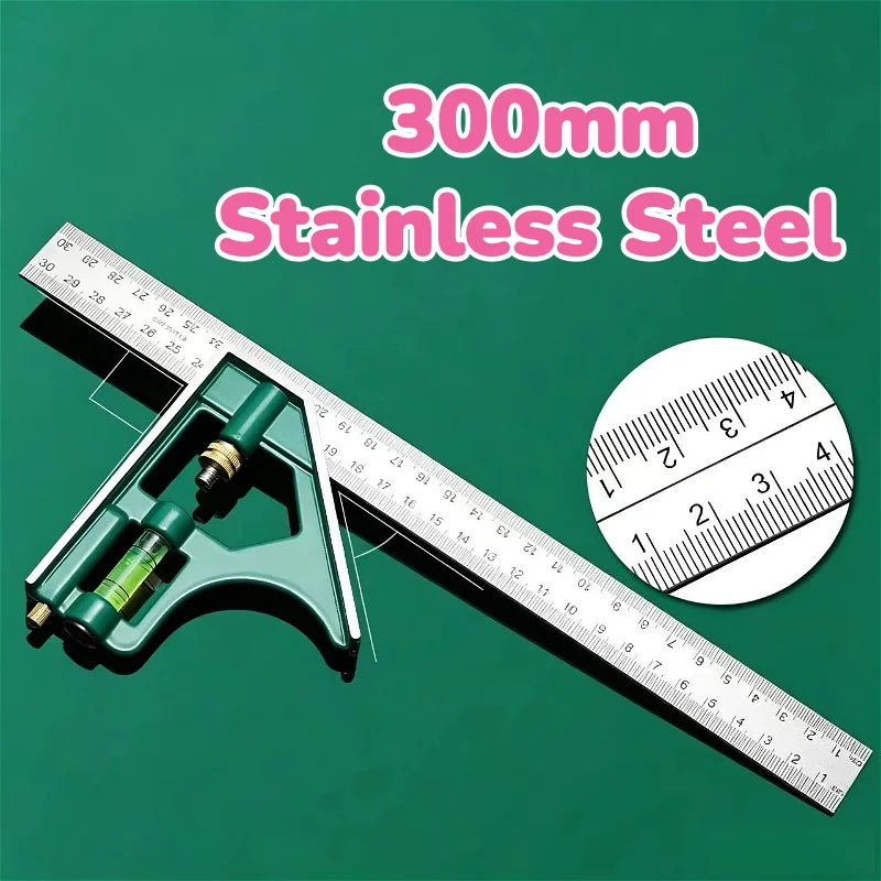300mm Stainless Steel Angle Adjustable Sliding Combination Horizontal Movable 45 Degree Right Angle Woodworking Measure Tool