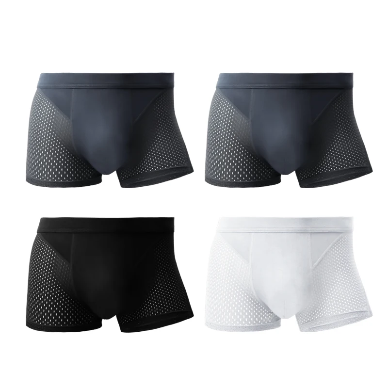 4PCS Ice Silk men's briefs, summer thin modal mesh breathable four-corner pants, men's short underpants