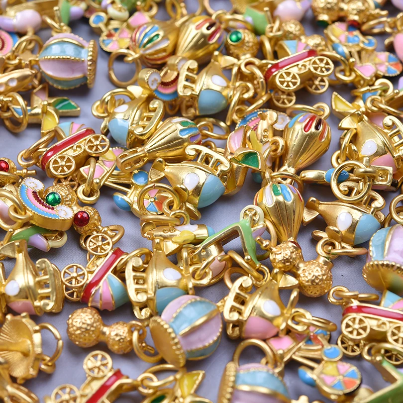 12pcs Mixed Chinese Gold Color Three-Dimensional Cute Enamel Charms For Jewelry Making Supplies Windmill Stroller Pendant Charm