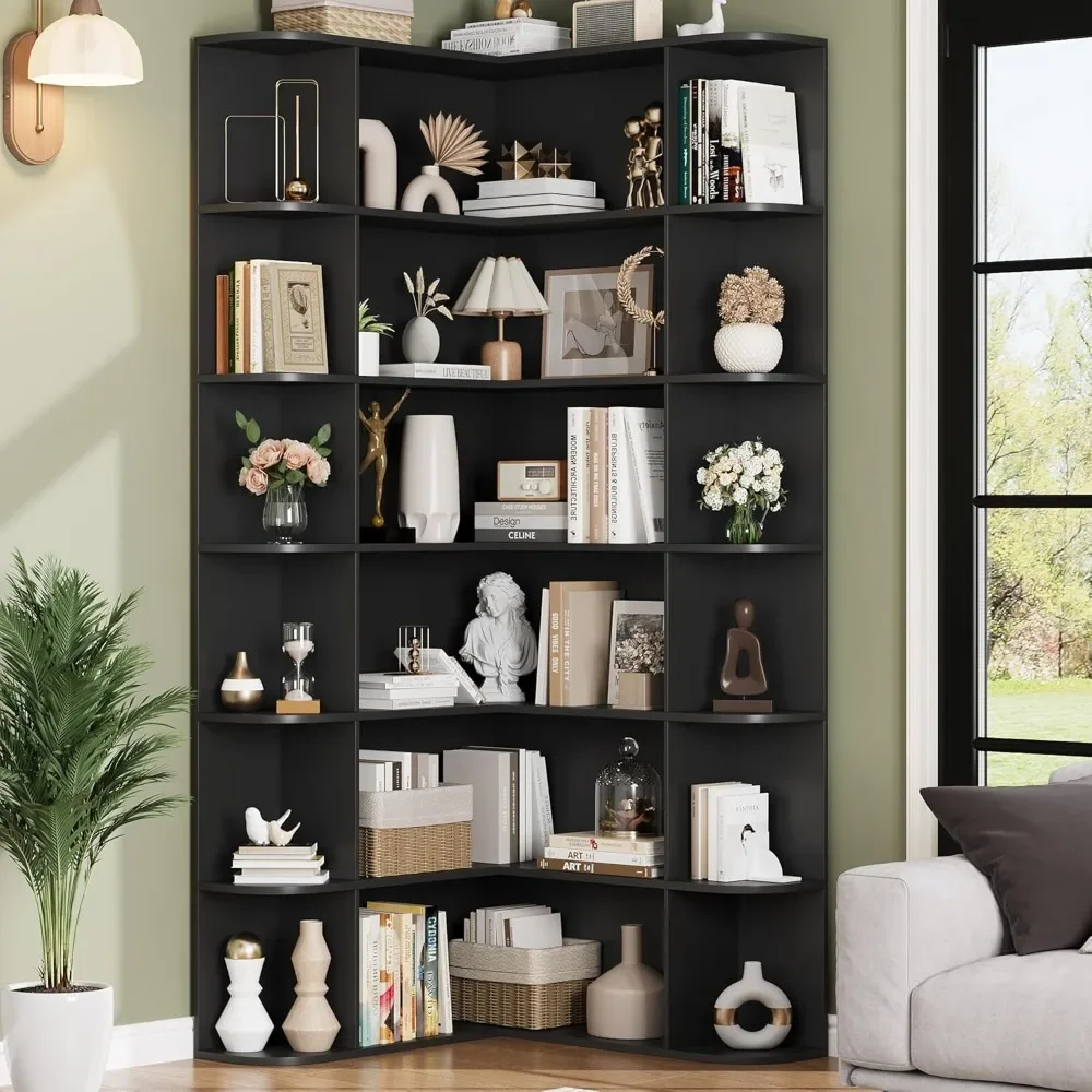 74” Tall Corner Bookshelf, 6-Tier Bookshelf and Bookcase with Open Storage, L Shaped Tall Bookcases Wooden Storage Shelves