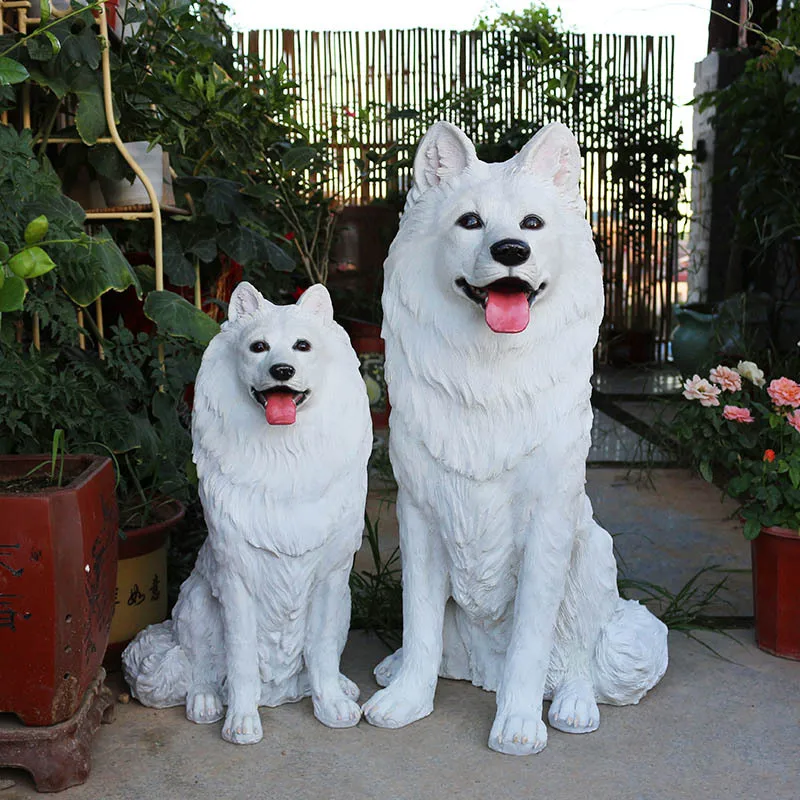 Garden Decor Simulation Sculpture Realistic Resin Watchdog Figurine Fiberglass Artificial Lifelike Large Samoye Dog Statues