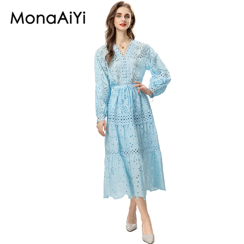 

MonaAiYi 2023 New Runway Fashion Designer Women's V-neck Long Sleeved Hollow Out Patchwork Top+Slim Fitting Short Skirt 2pcs Set