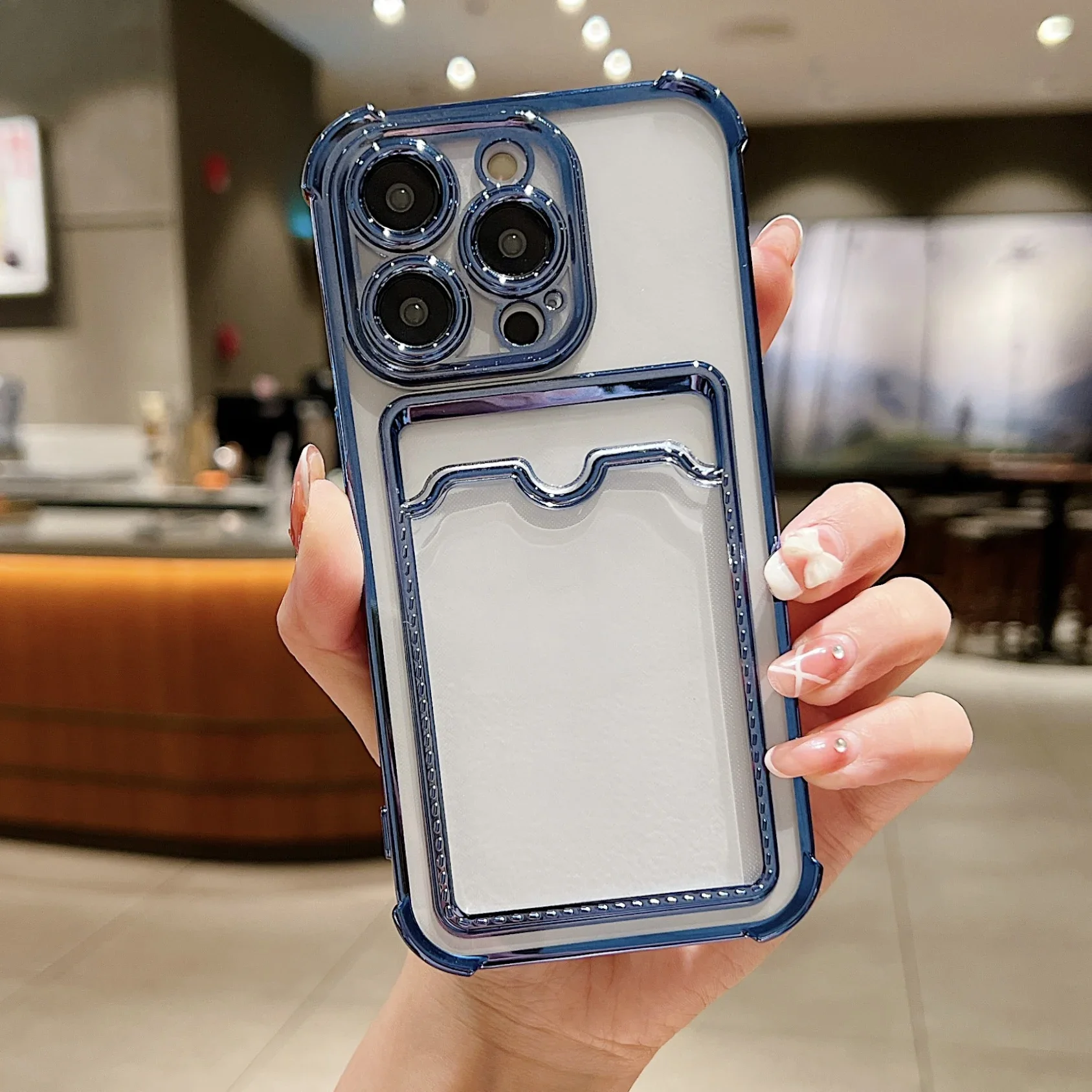 Luxury Plating Transparent Wallet Card Holder Phone Case For iPhone 15 14 13 12 11 Pro Max Plus Card Slot Shockproof Soft Cover