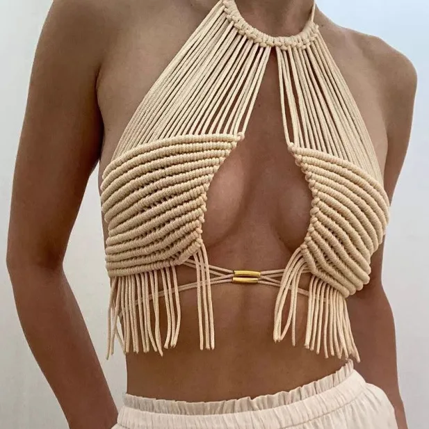 

2025 Bohemia Women's Bikini Beach Tank Top Cover Ups Crochet Fringed Top Woman Summer Clothing