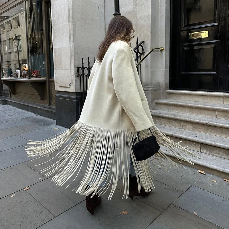 

Fashion Woolen Tassels Long Coats For Women Turn-down Collar Single Breasted Pockets Jacket Female Elegant Solid Lady Overcoats