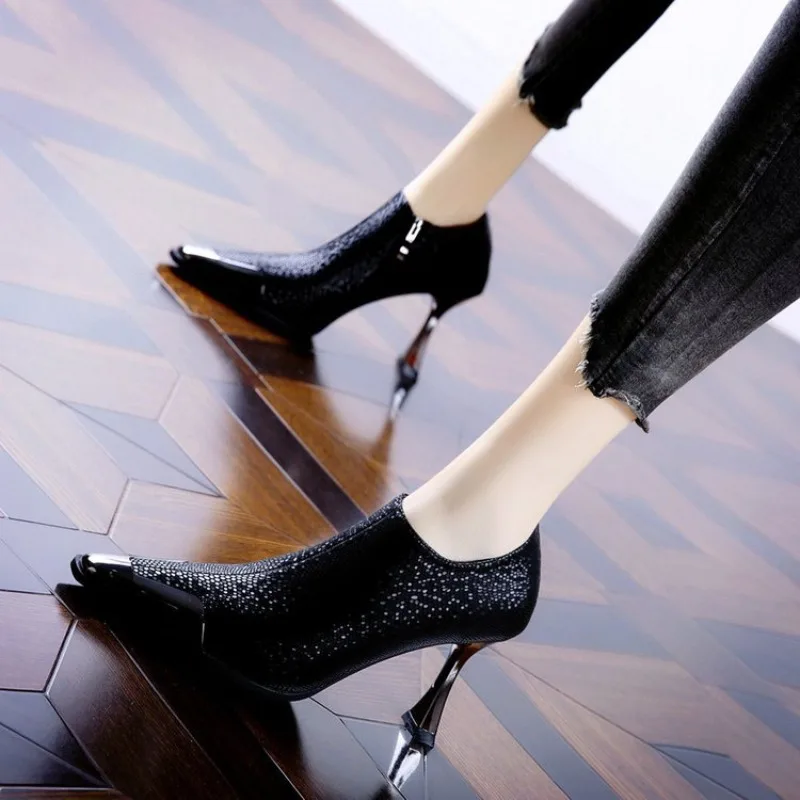 

Металлические туфли на шпильке, женские ботильоны на тонком каблуке, элегантные, весна-осень 2026, новые черные туфли на высоком каблуке