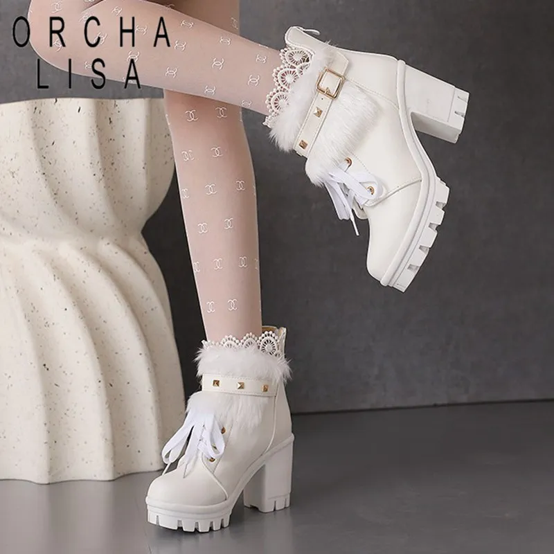 

ORCHA LISA Women Ankle Boots Round Toe Chunky Heels 9cm Platform Zipper Lace Up Belt Buckle Plus Size 43 44 Sweet Party Bota 33