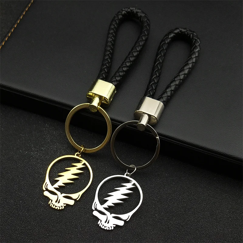 Dead Skull Music Band PU Leather Keychain Women Men Stainless Steel Key Ring Holder Bag Pendant Jewelry Gift K3169