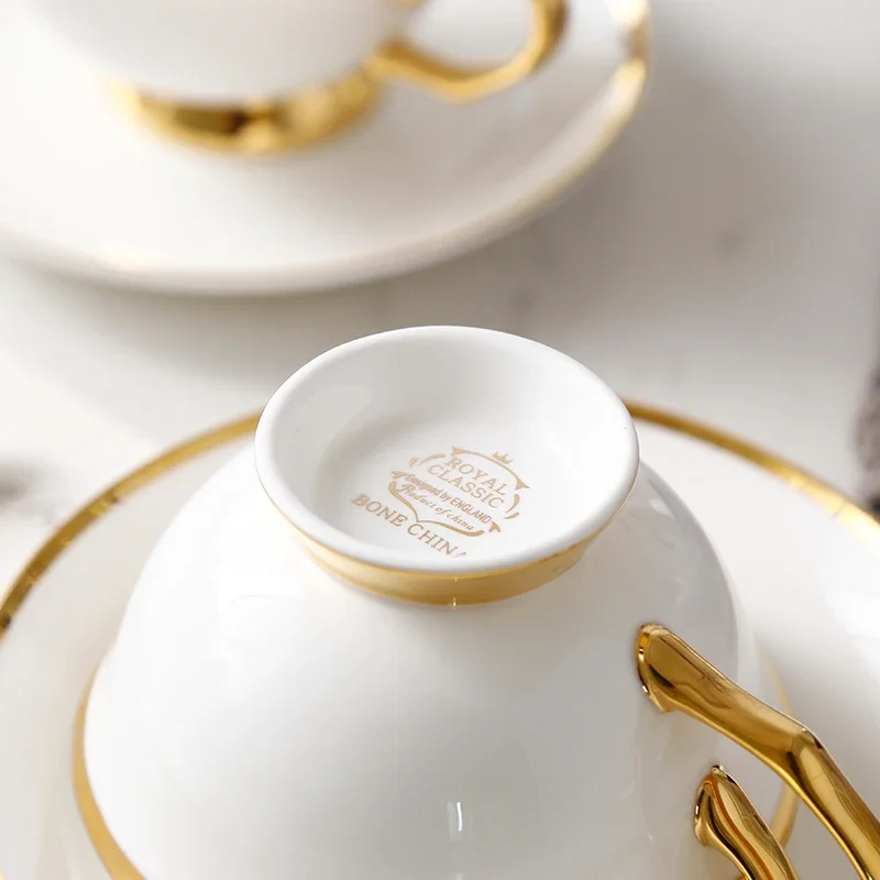 Gold Inlay Bone China Tea Cup Saucer Spoon Set 200ml Luxury Ceramic Coffee Advanced Porcelain Teacup Party Teatime Drinkware