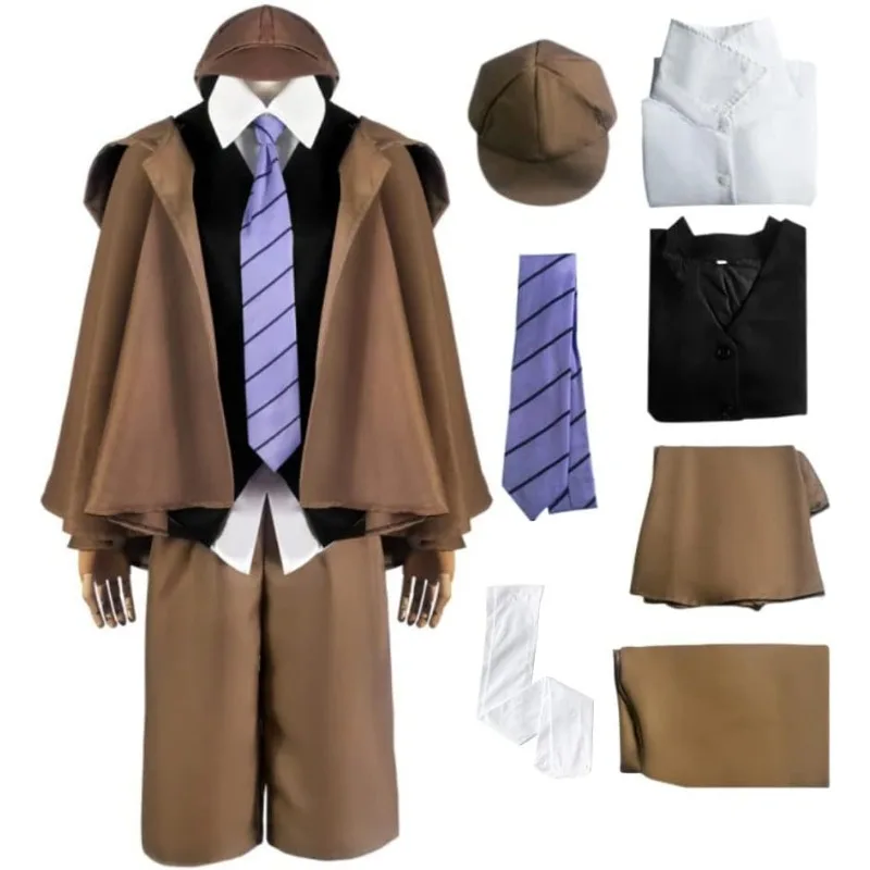 

Anime Edogawa Ranpo Cosplay Costume Bung Stray Dogs Outfit Detective Cloak White Shirt Coat Pants Wig Full Set for Men