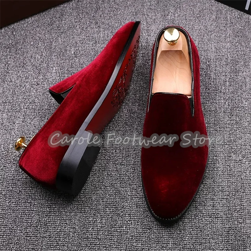 

Luxury Red Velvet Slip-On Loafers for Men Wedding Party Formal Dress Shoes Male Comfortable Low Heel Shallow Derby Shoes