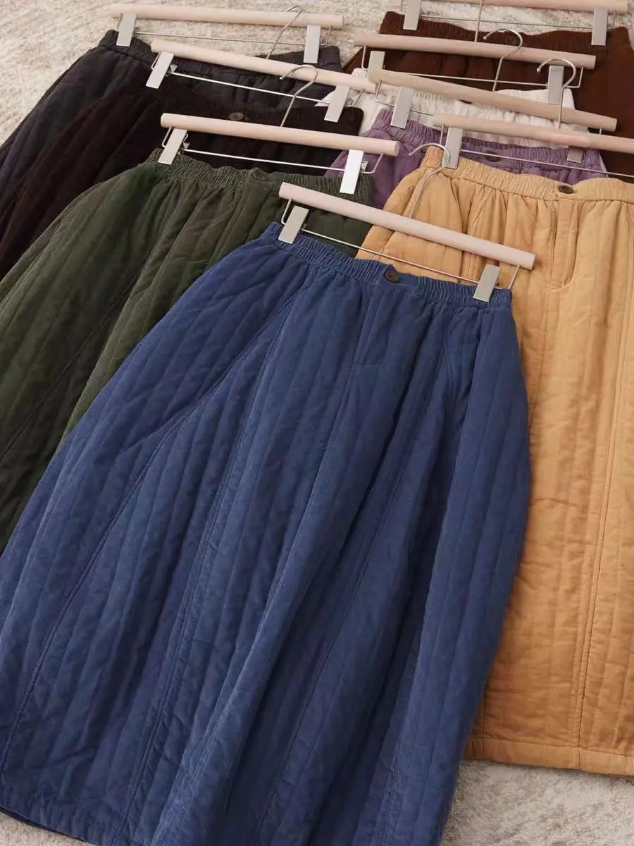 

Vintage Loose Cotton Velvet Color f-length Skirt High Waist Umbrella Skirt for Women Comfortable Casual Faion