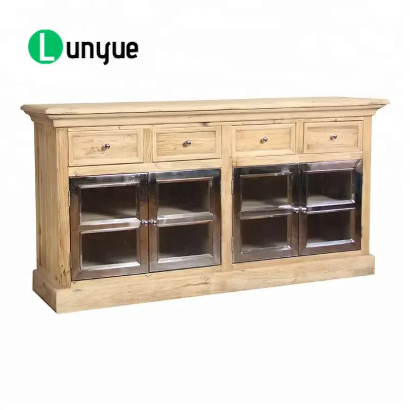 Antique Reclaimed Wood Rustic Sideboard with 4 Mirrors Vintage Storage Cabinet for Living Room Dining Room Home Furniture