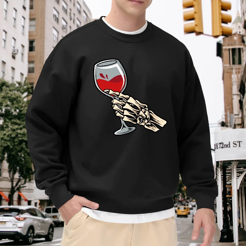 

Men's Black Crew Neck Pullover Sweatshirt with Skull Hand and Wine Glass Print, Loose Fit Top, Street Fashion Casual Versatile Style, Comfortable for Everyday Wear