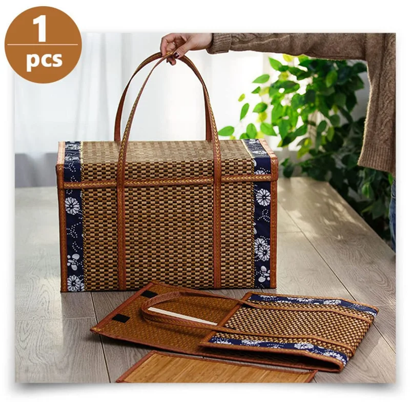 Picnic Woven Basket Wicker Storage Bag Handle Folded Fruit Shopping Food Handle Rattan Grass Foldable Bamboo Basket B