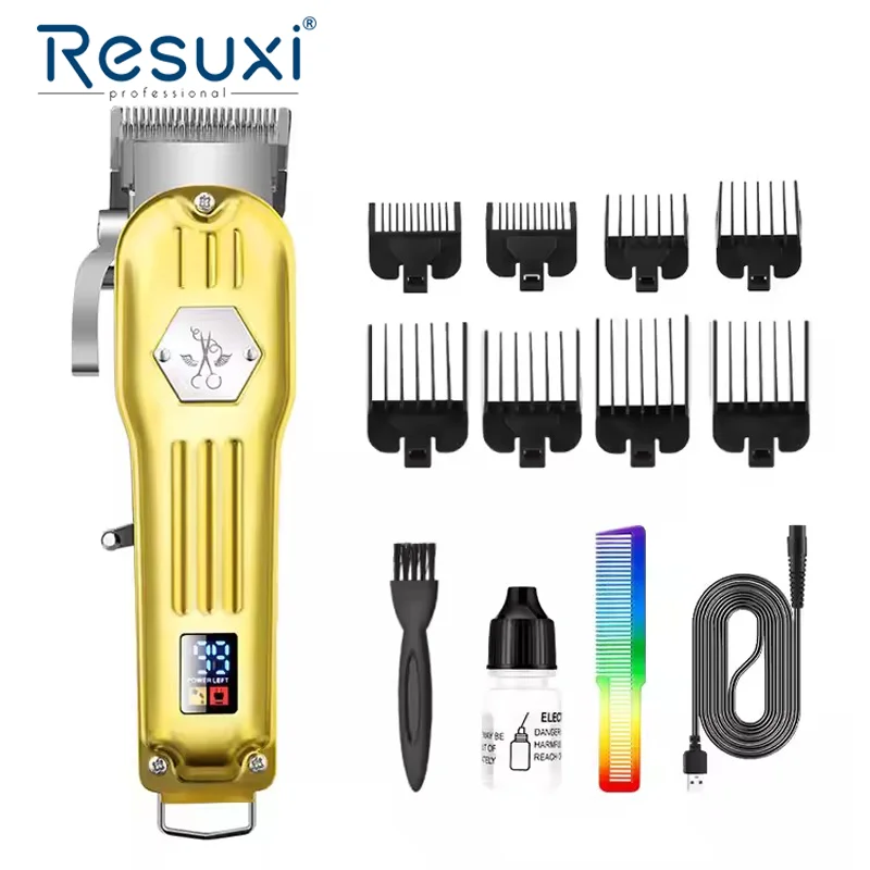 

Resuxi BES-518 Men Stylists Custom Barbers Professional Cordless Electric Hair Clipper Gold Silver Metal Usb New Technology 10W