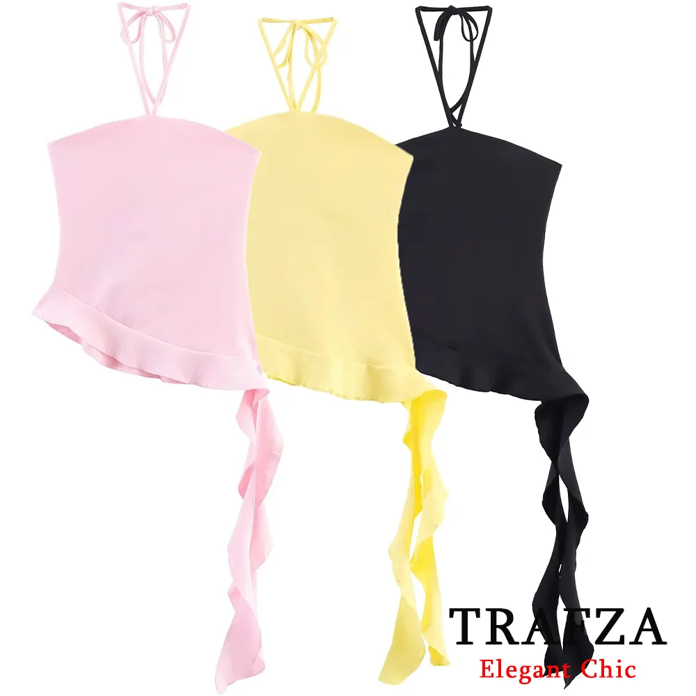 

TRAFZA Women Sexy Holiday Halter Tops Solid Asymmetrical Tierred Sleeveless Top New 2025 Summer Fashion High Street Mujer Top