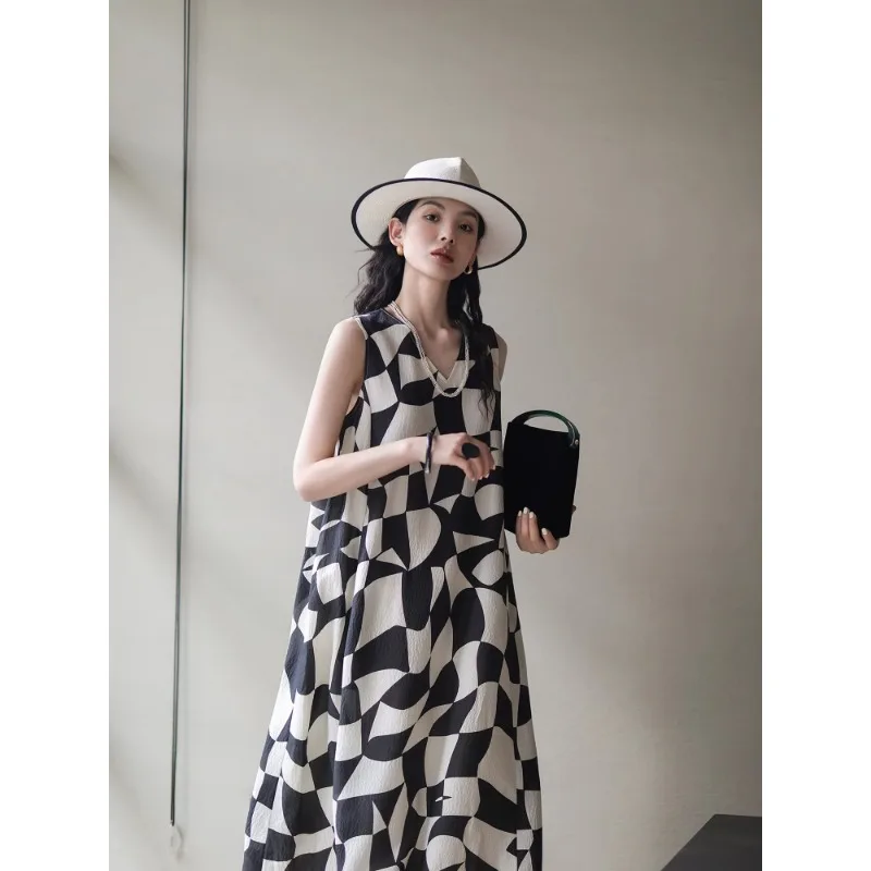 Sommer V-ausschnitt Trägerloses Kleid Französisch Stil Urlaub Lose frauen Kleidung Ärmellose Casual Leinen Kleid N718