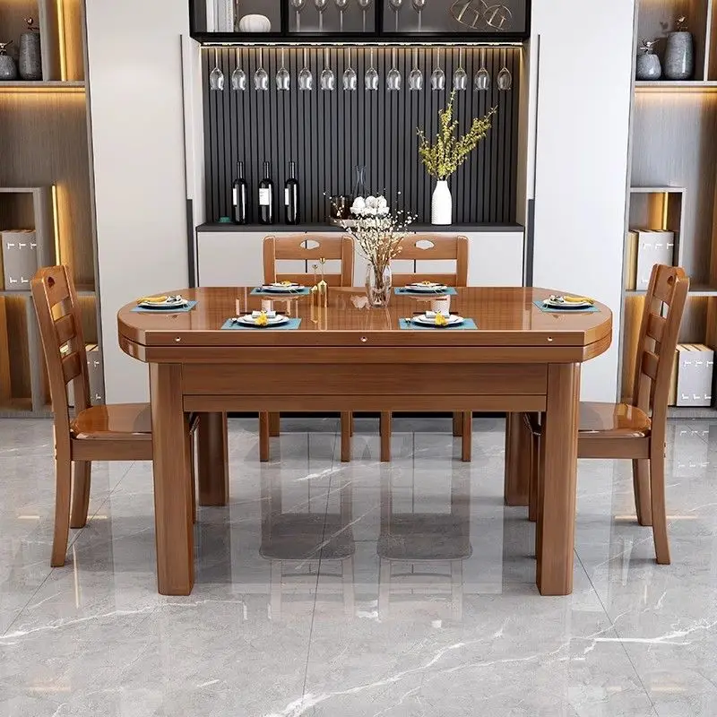 

Solid wood dining table and chair combination small apartment household modern simple retractable folding square round dining ta