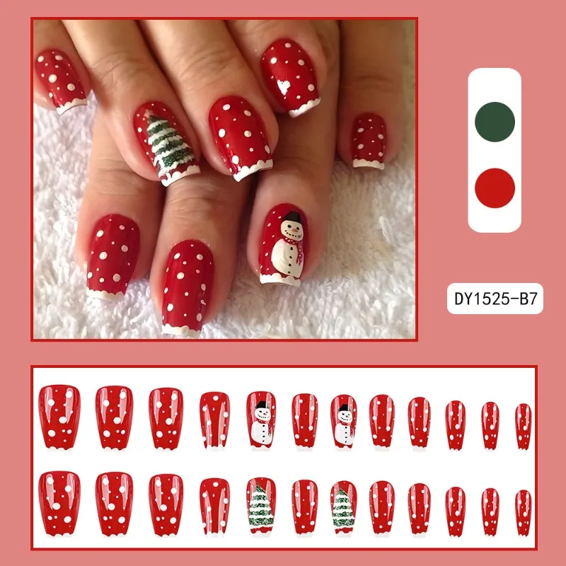 24pcs Christmas Tree Snowman Ballet Type Fake Nail Snowflake White Edge French Nails Patch for Women Party Dance or Holiday