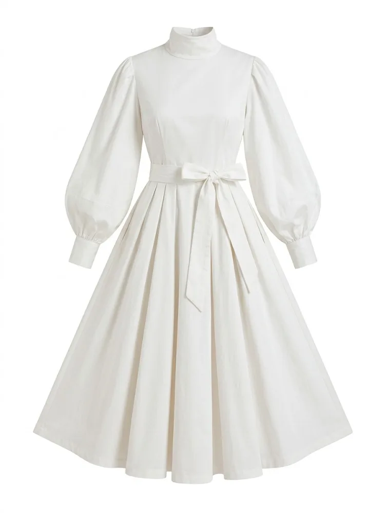 

Bonboho Women's White High Neck Midi Dress Puff Long Sleeve A-Line With Waist Tied 2026 Summer Elegant Formal Party Dresses