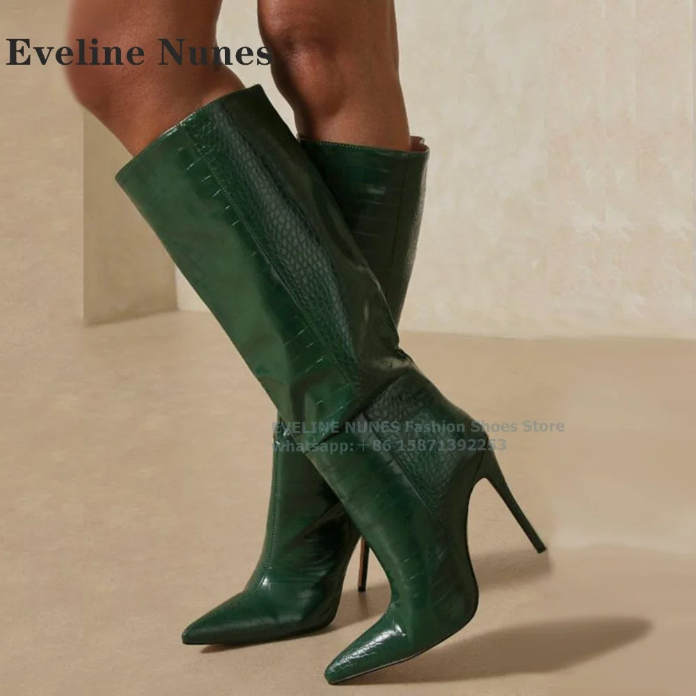 

Green Croc-Pattern Pull On Knee High Boots Pointed Toe Thin Heels Splicing Women Sexy Modern Booty Plus Size Spicy Girl Autumn