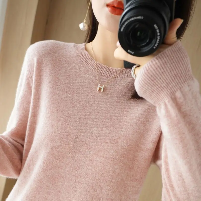 

Autumn and Winter Women's Pullover Round Neck Solid Screw Thread Flocking Long Sleeved Sweater Knitted Underlay Casual Fit Tops