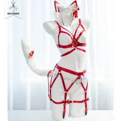 SENMHS Gothic Bondage Sexy Lingerie Fox Cat Ears and Tail Cosplay Cute Plush Handmade Headwear Anime Halloween Party Costumes