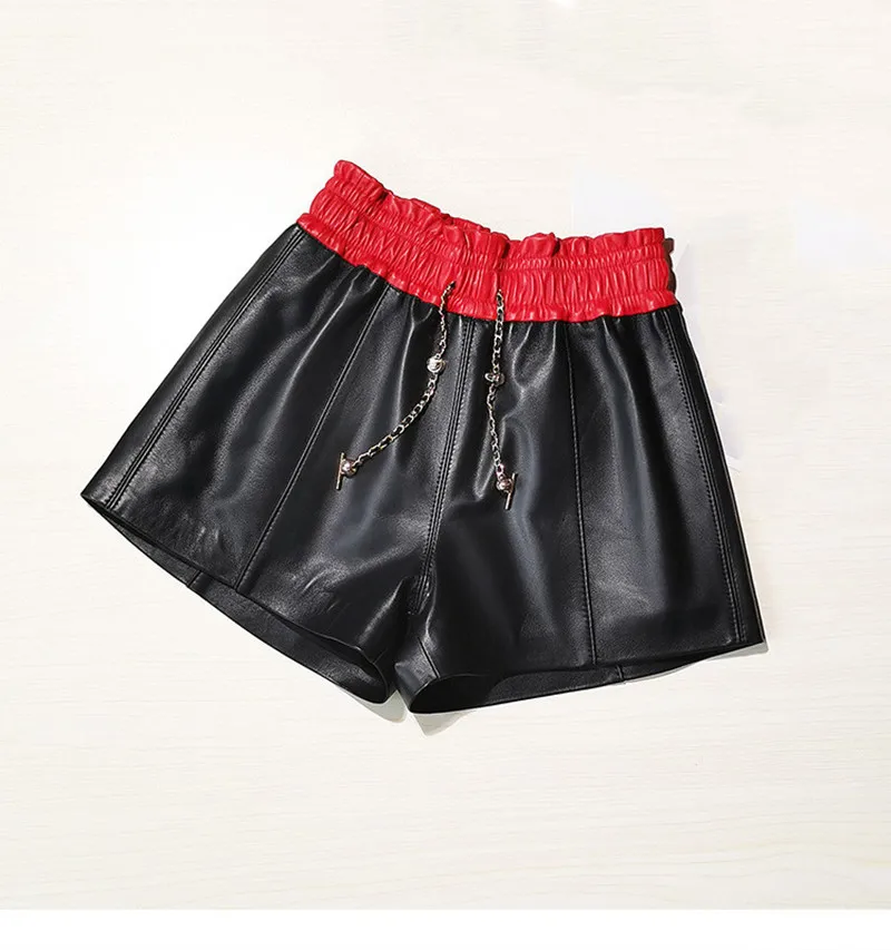 Women Genuine Leather Shorts Sheep Skin Elastic Waist Real Leather Pants Female Wide Leg Pants