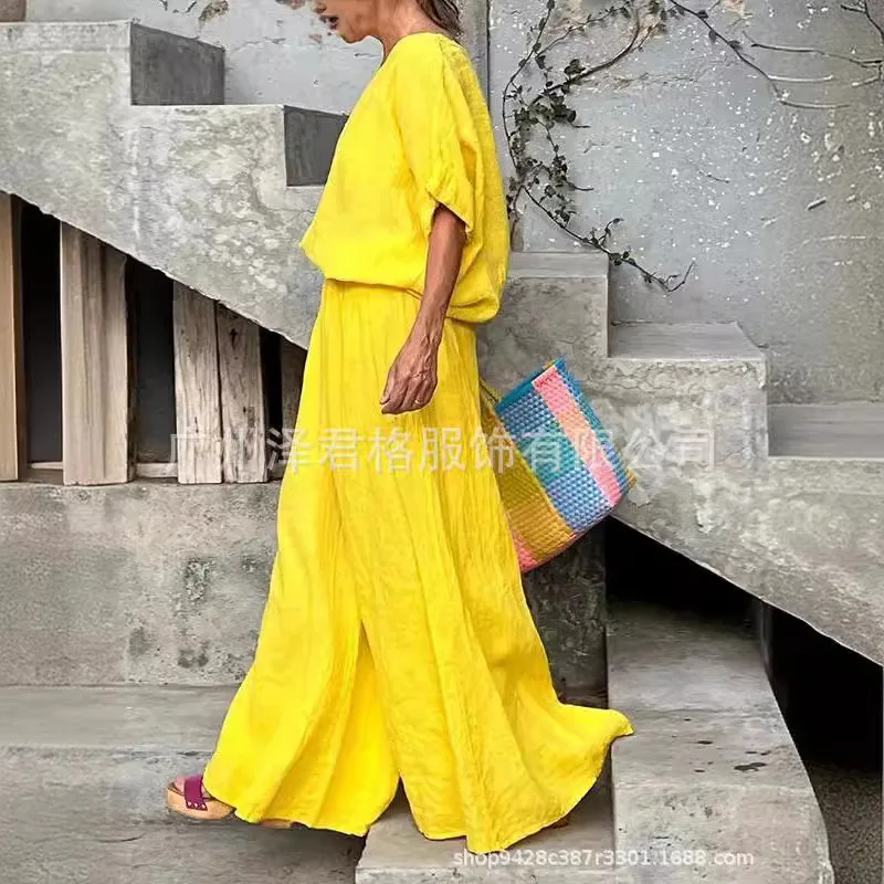 Women's Set 2024 Summer New Yellow Round Neck Sleeveless Shirt Culottes Pants Two Piece Set For Women Versatile Casual Outfits