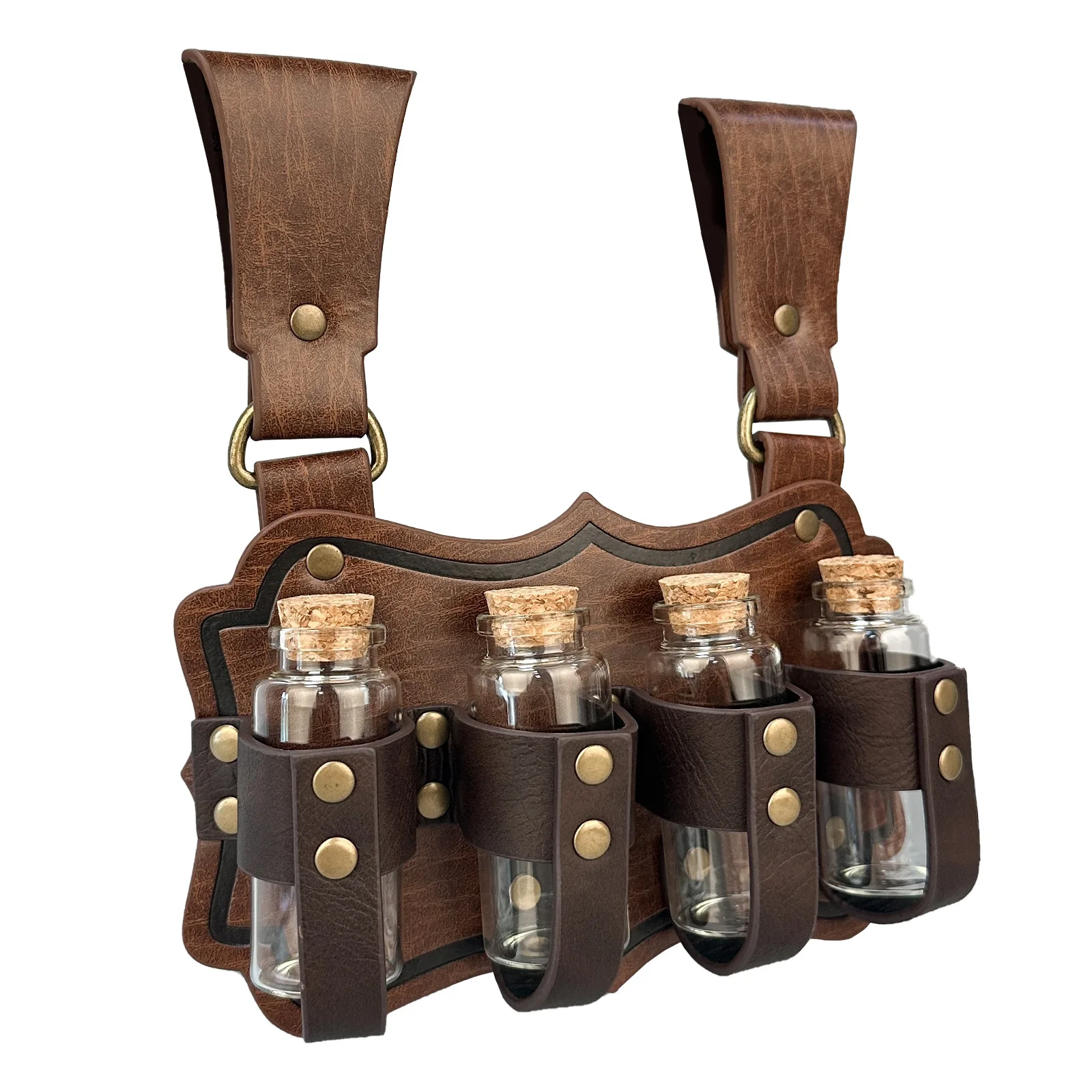 Medieval Cosplay Props Viking Style Retro Pu Leather Waist Belt with 4 Cork Small Potion Bottle Renaissance Costume Accessories for Halloween LARP