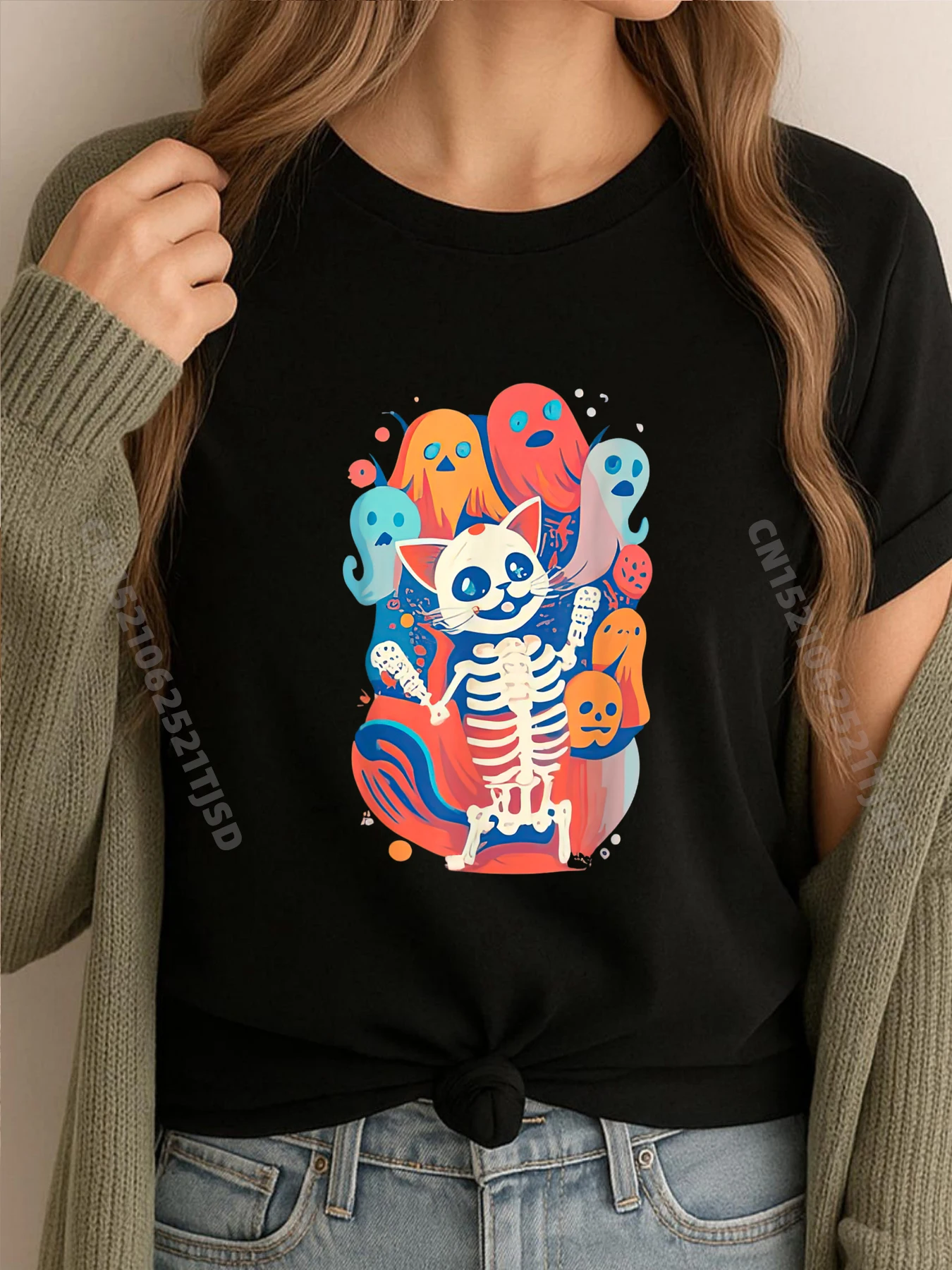 

Хэллоуин Скелет Кот Жуткий Моторожное Серая Рубашка Графическая Футболка Мужская Одежда Стираная Футболка для Женщин Хэллоуин