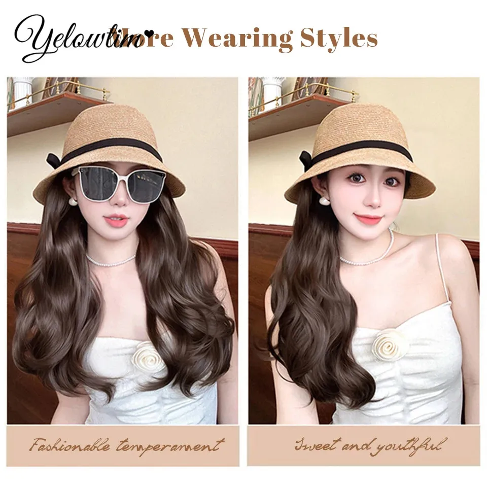 YELOWTIM Long Synthetic Fluffy Natural Wave Wavy Curly Hair Wigs with Cap Fisherman's Hat Naturally Connect Adjustable Hat Wig