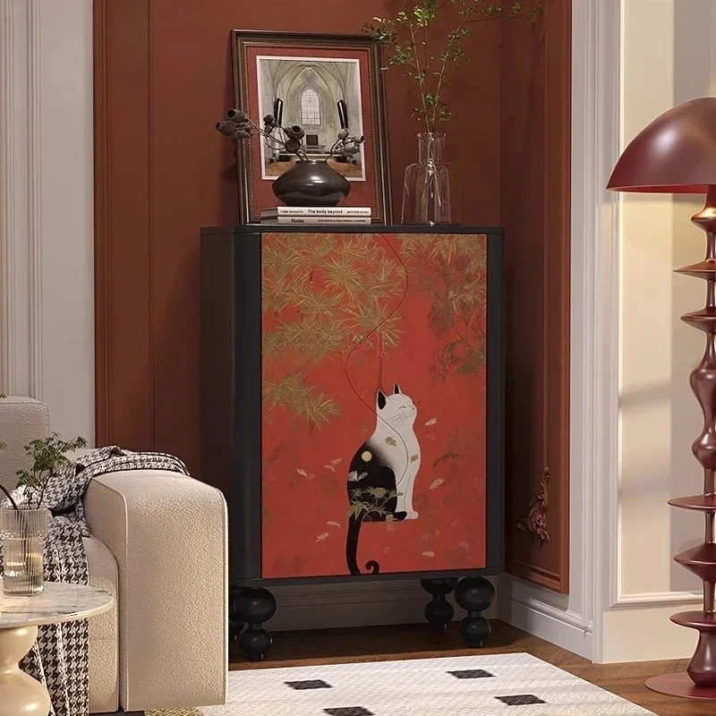 Cute Lucky Cat Household Three-bucket Cabinet against the Wall Solid Wood Entrance CabinetSSS
