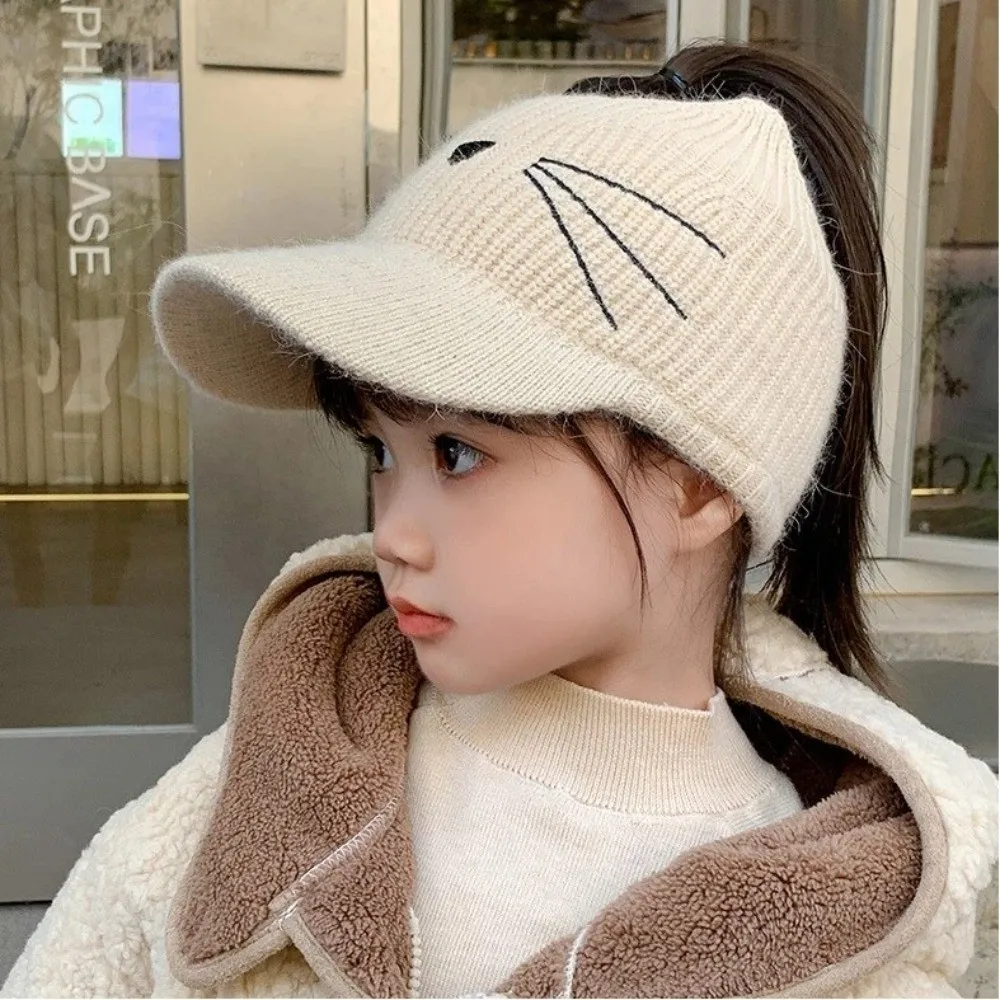Solid Color Autumn Winter Hat Lovely Animal Cat Elastic Knitted Empty Top Baseball Cap Keep Warm Kids Ear Protection Hat Kids