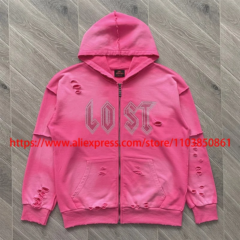 

New Trend Lost Intricacy Hoodie Jacket High Quality Vintage Ripped Hole Casual Hot Diamond Zipper Washed Hooded Sweatshirt