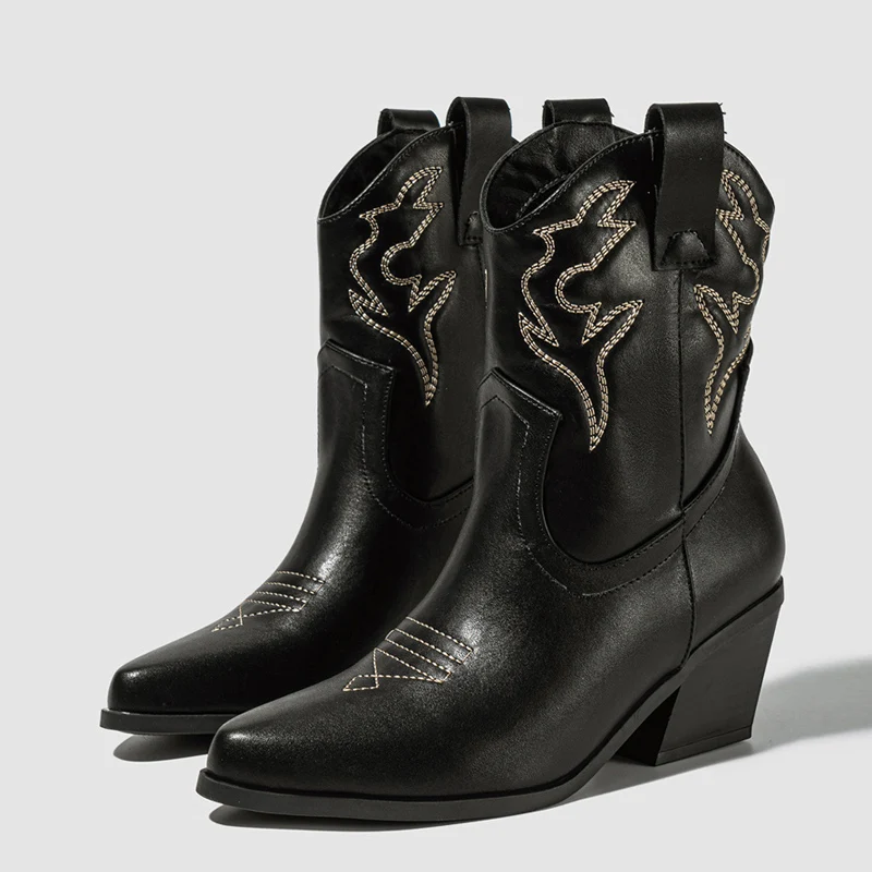 Liyke Western Style Cowboy Ankle Boots For Women Embroidery Leather Pointed Toe Autumn Winter Low Thick Heels Shoes Black Brown