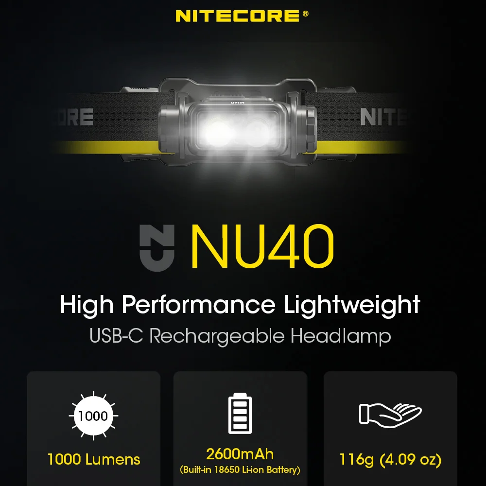 

NITECORE NU40 1000 LMs Light Weight and High Capacity Built In 2600mah Rechargeable Battery Headlamp Gear Outdoor Camping Search