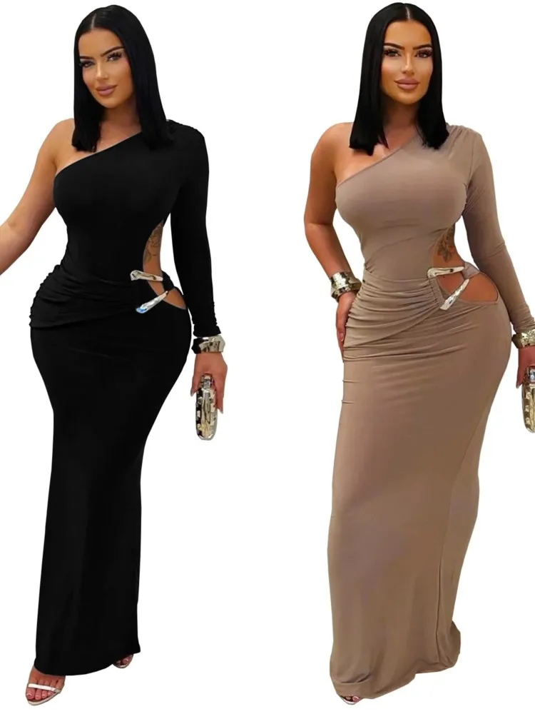 Une épaule évider robe longue femmes automne hiver à manches longues col diagonale dos nu Clubwear fête Maxi robes moulantes