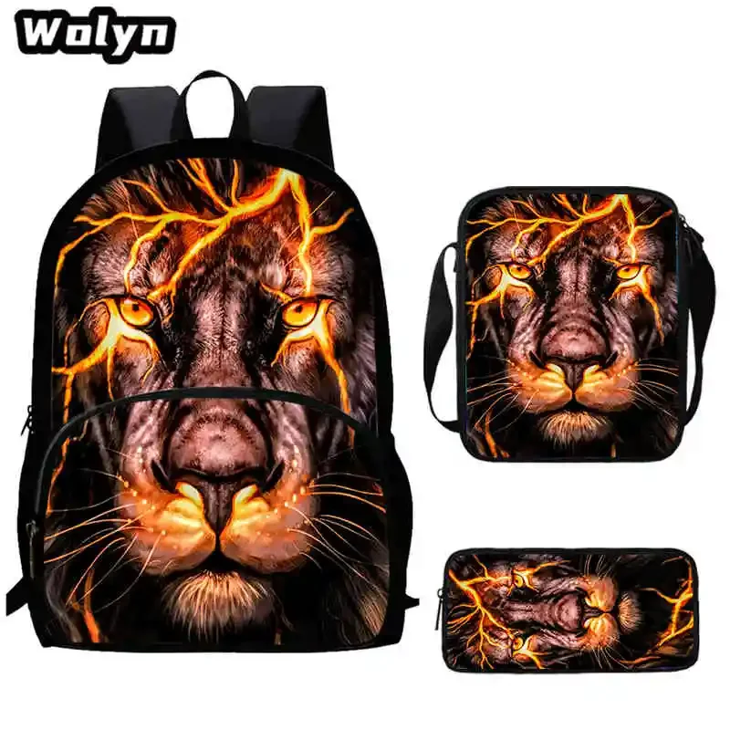 3Pcs Set Cartoon Lion School Backpack,Shoulder Bags,Pencil Bags for 4-8 Years Old Anime School Backpack for Boys Girls