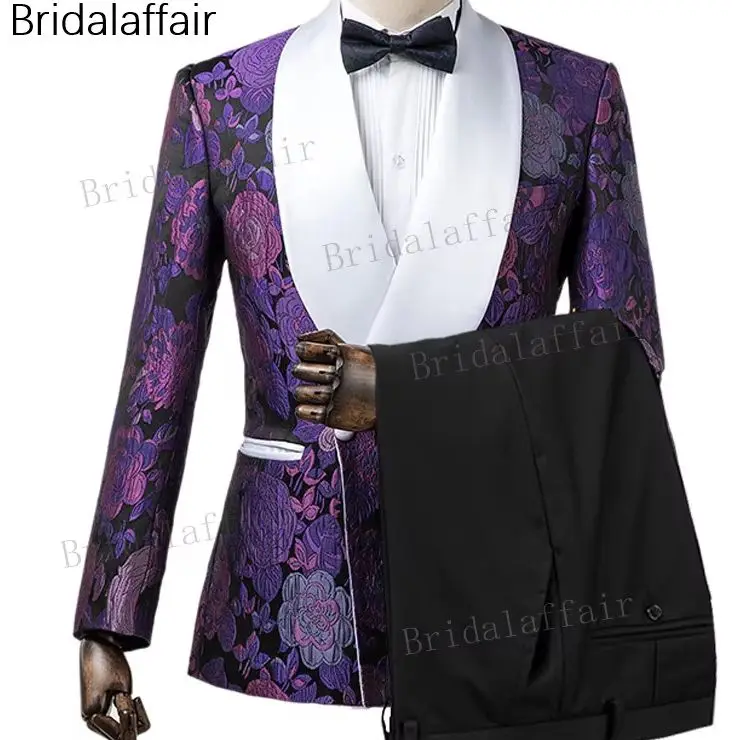 Wonderful New Designs Custom Made Groom Tuxedo Purple Floral Printed Men Suit For Wedding Mens Suits 2Pcs (Jacket+Black Pants)