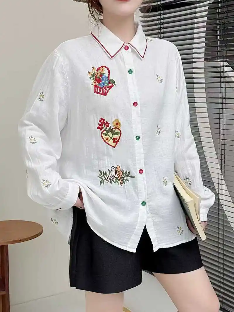 اليابانية الحلو موري فتاة الكرتون الطيور القلب التطريز تي شيرتات قطن المرأة الخريف رفض طوق كم طويل بلوزة غير رسمية