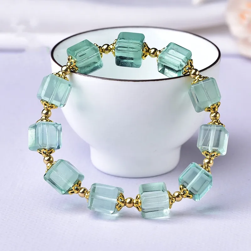 

Natural Green Fluorite Quartz Clear Cube Beads Bracelet 10x10mm Women Apple Green Fluorite Jewelry Love AAAAA