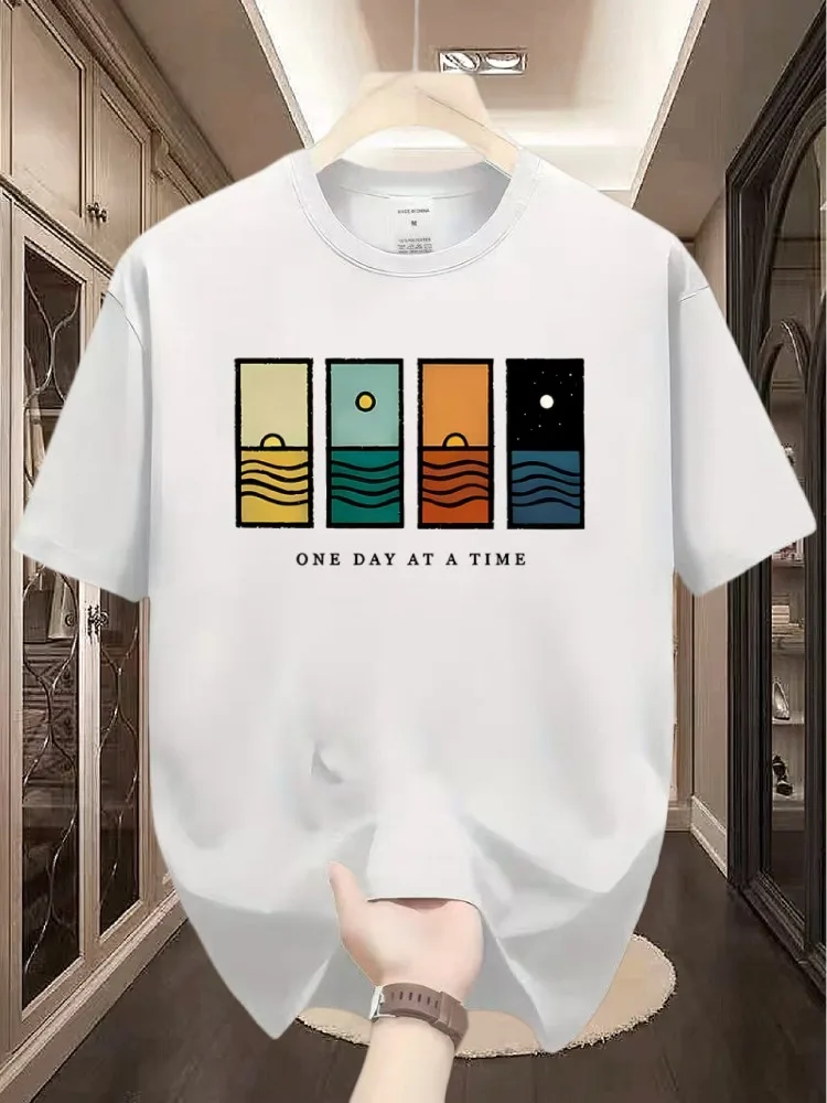 Men Summer Oversized T Shirt Minimalist Sunset Ocean Panel One Day At A Time Slogan Graphic Loose Short Sleeve Streetwear Top