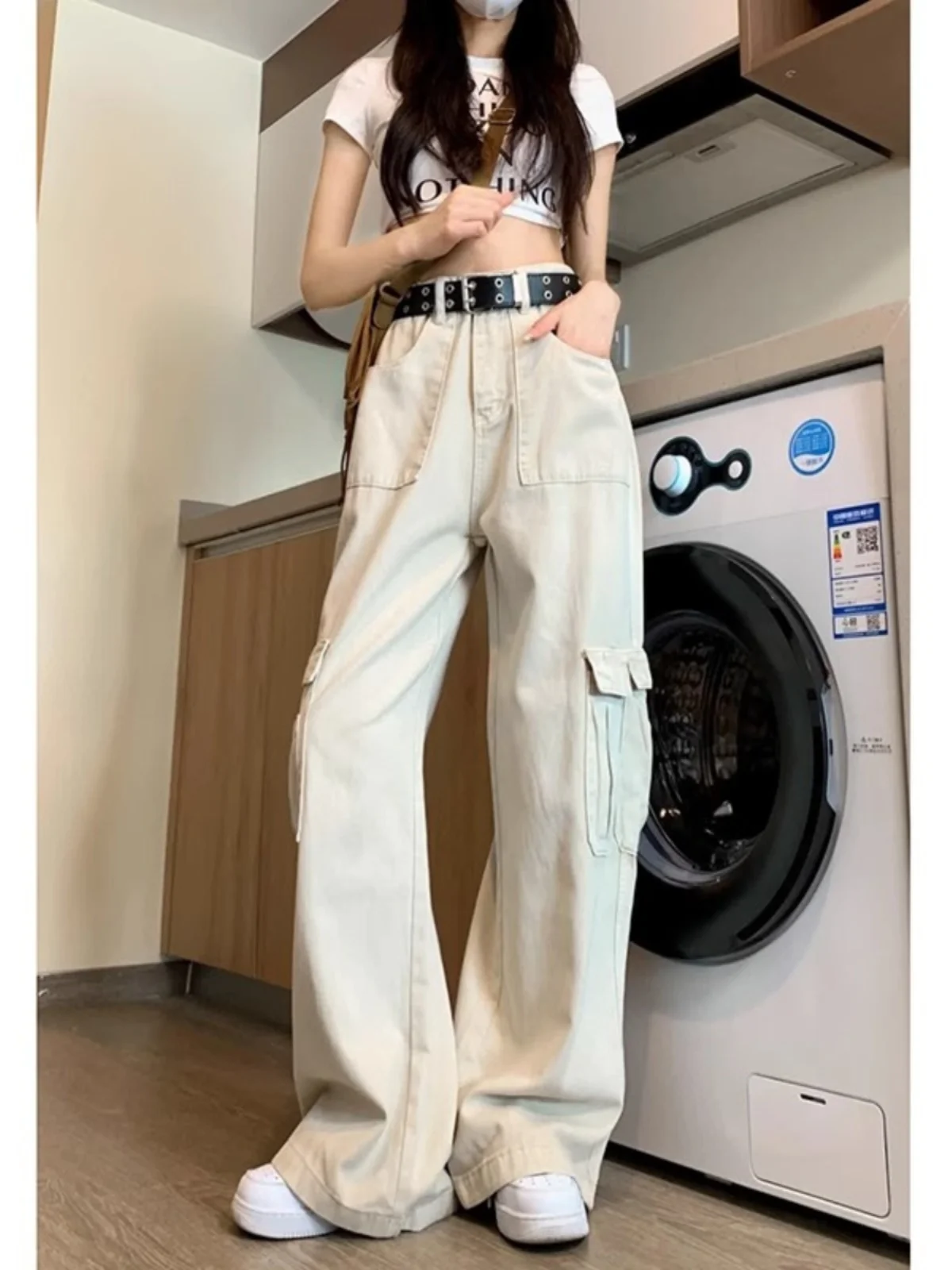 American sle workwear jeans cintura alta perna reta emagrecimento calças de perna larga primavera outono feminino faion casual denim