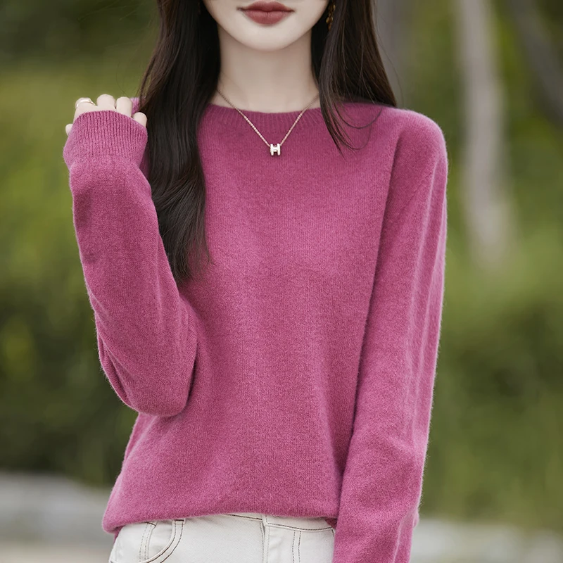 

Модный свитер из 100% мериносовой шерсти, элегантный кашемировый пуловер, женский теплый трикотаж с круглым вырезом и длинными рукавами, базовая одежда, джемперы, топы