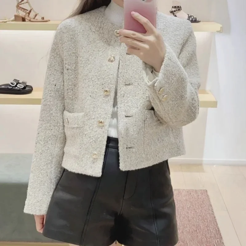 Women Tweed Jacket Single Breasted Round Neck Long Sleeve Vintage Autumn Winter Coat