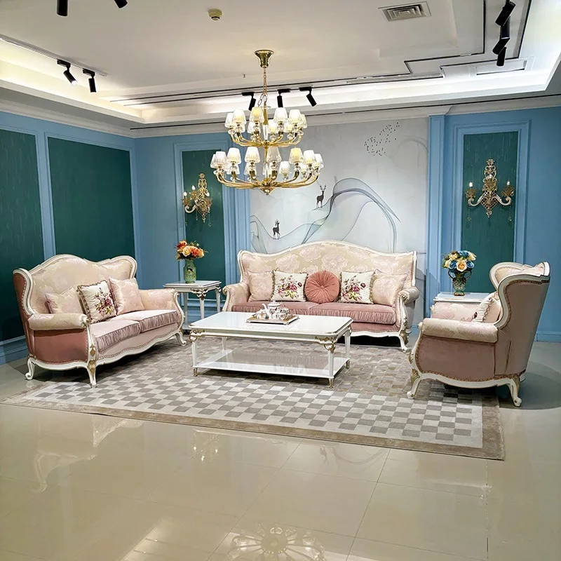 

European fabric sofa living room simple sofa solid wood embroidered pink sofa