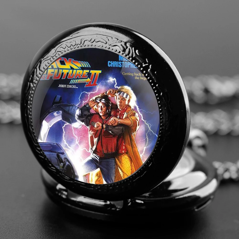 Back to The Future Vintage Glass Dome Pocket Watch with Chain Necklace Vintage Quartz Pendant Watches Clock Chain Mens Women