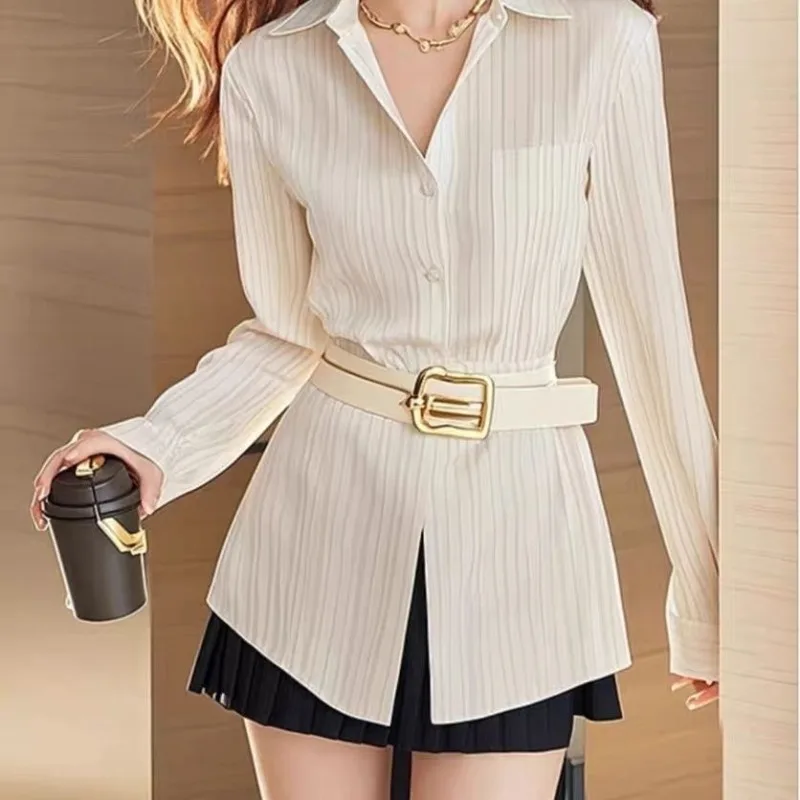 

Femme Spring Summer Korean Fashion Button Solid Color Polo Collar Women Shirts Simplicity Striped Temperament Long Sleeve Coat
